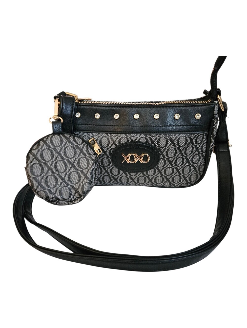 XOXO Y2K Monogram Shoulder Bag Black Gray Mini Baguette Purse NWT + Coin Pouch